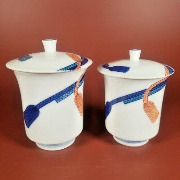Japanese Tea Cup Mugs With Lids, Tassel Print Blue And Orange Two Sizes Lot of 2 - Picture 1 of 11